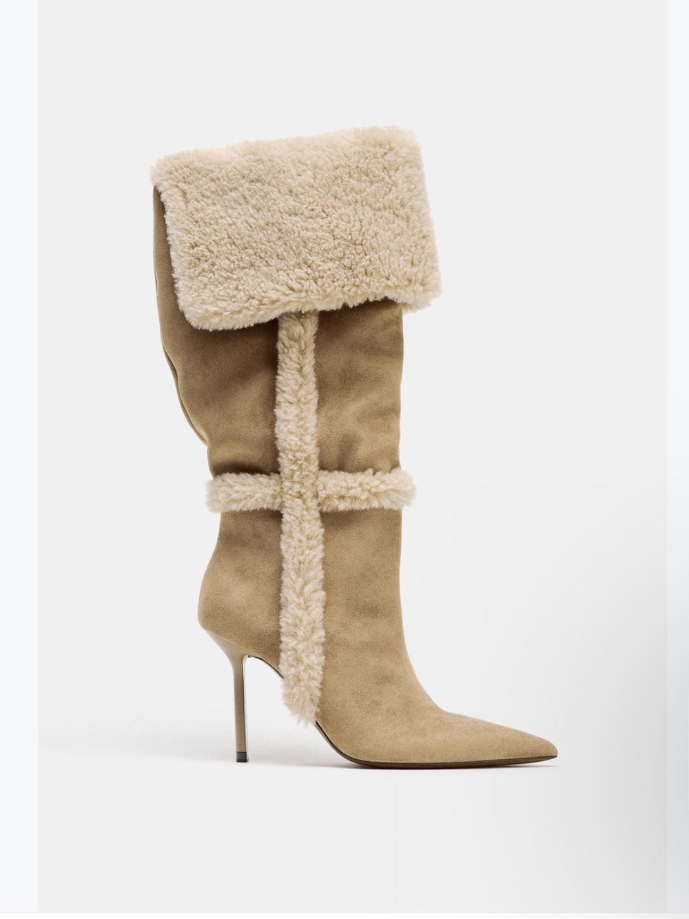 ZARA Suede-Look Pointed Toe Shearling-Trim High Heel Boots — Beige